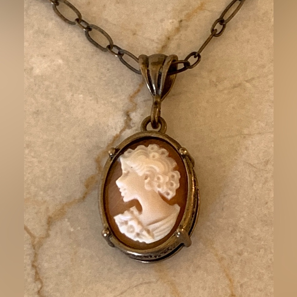 Extasia Shell Cameo on Delicate Brass Necklace Hand Carved In Italy Signed